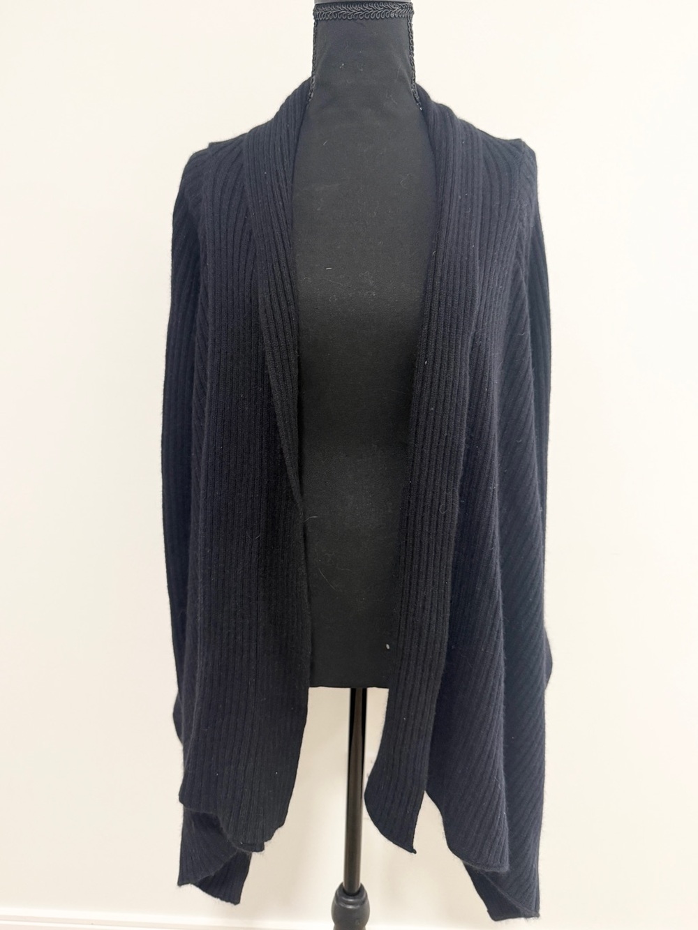 Vintage Wool Silk Angora Cardigan Black Open Front Ribbed Knit Natural Fiber S